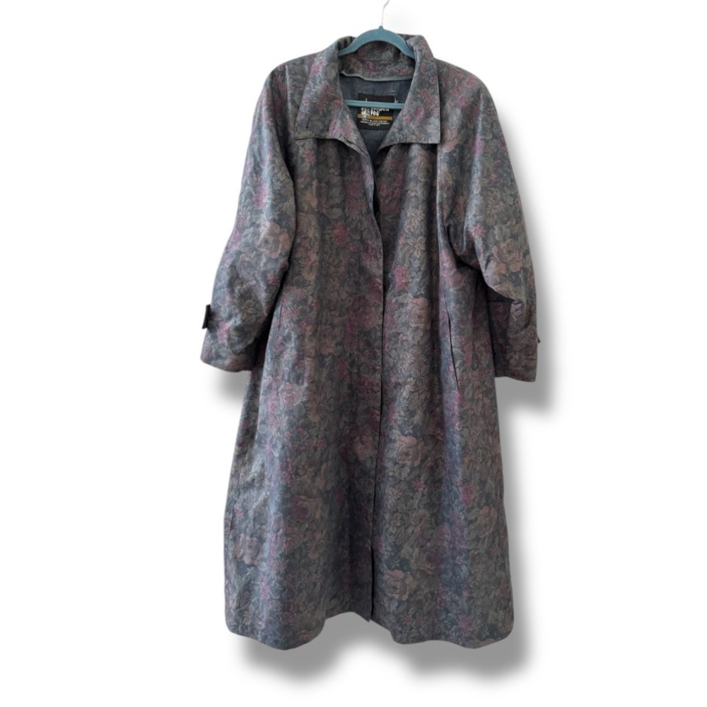 Vintage 80s London Fog Dark Floral Trench Coat Women's Size 14 NWOT Retro Fall